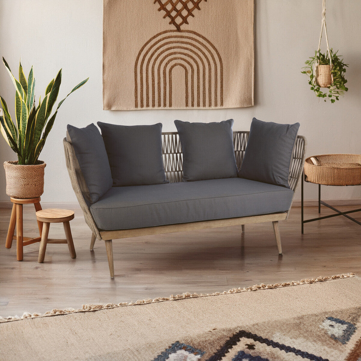 Oakhaven | Luxury Woven Rope 2 Seater Sofa with Grey Cushions