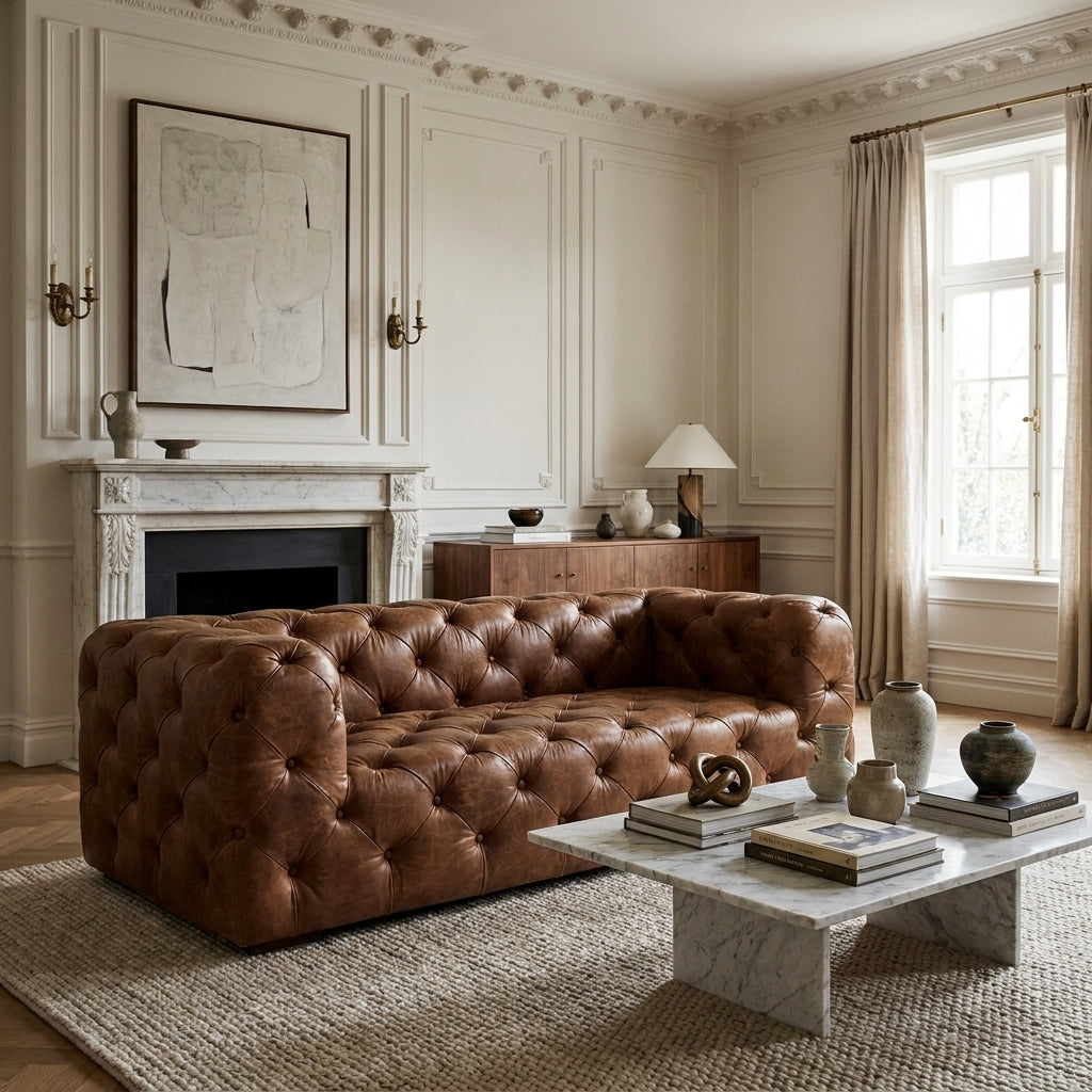 Basim | Luxury Brown Leather Tufted 3 Seater Sofa