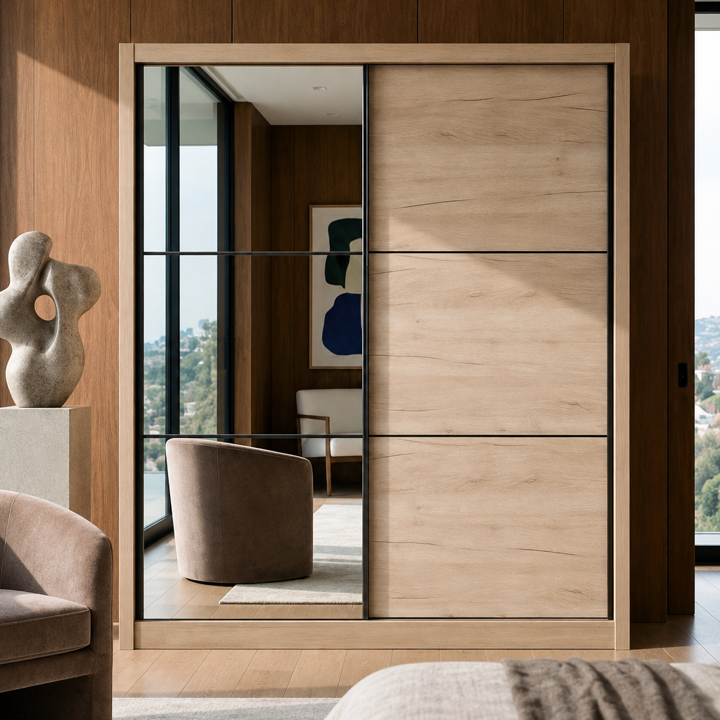 Veylen | Luxury Oak Effect Mirrored Sliding Wardrobe