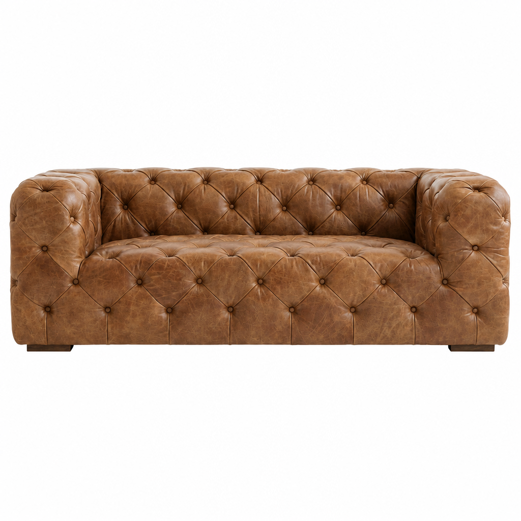 Basim | Luxury Brown Leather Tufted 3 Seater Sofa