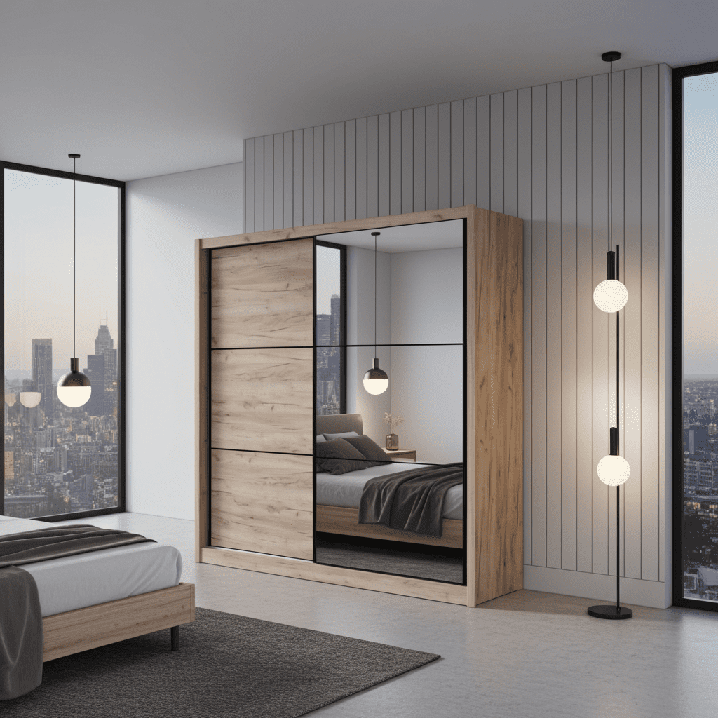 Veylen | Luxury Oak Effect Mirrored Sliding Wardrobe