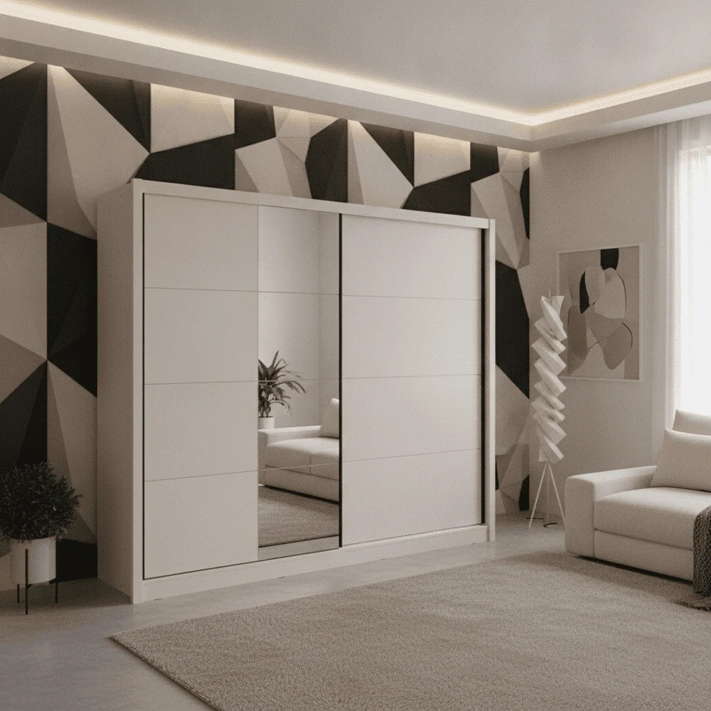 Avenor Cashmere Taupe XL Mirrored Sliding Door Wardrobe in a contemporary bedroom
